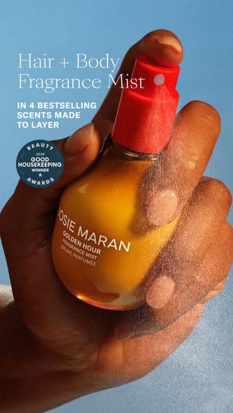 An ad showcasing the Josie Maran Golden Hour Fragrance Mist. The ad highlights that the fragrance mist is a hair and bod