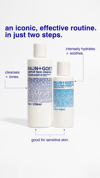 This ad for Malin + Goetz skincare features the Grapefruit Face Cleanser and Vitamin E Face Moisturizer. It promises an 