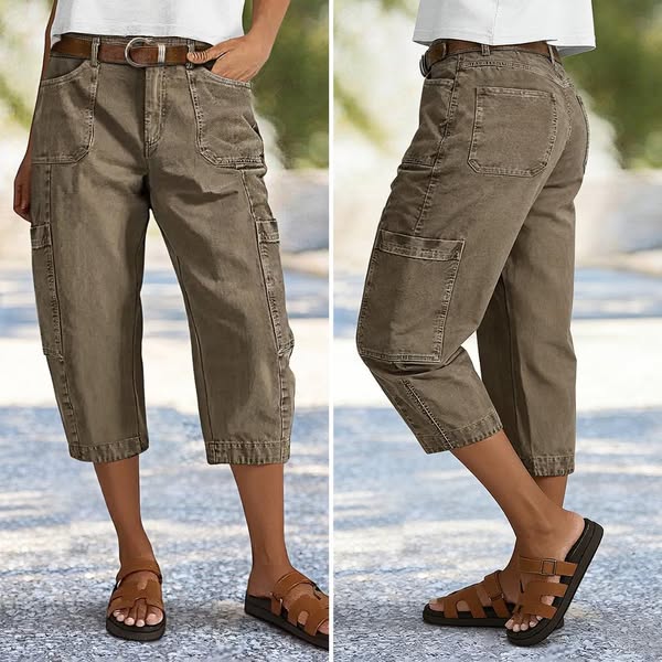 This ad features a pair of women's cropped cargo pants in an earthy brown color, showcased from both the front and b