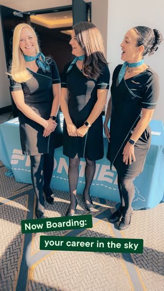 This ad for Frontier Airlines highlights the benefits of a career in the sky, showcasing a group of flight attendants in