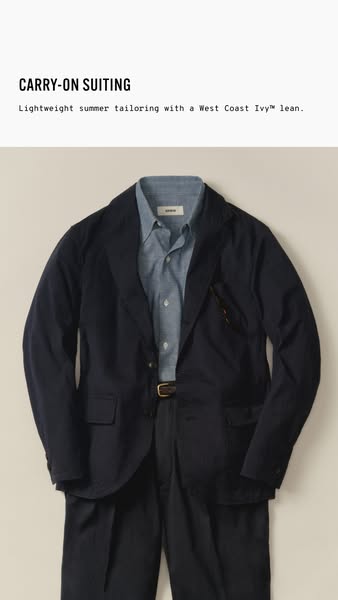 This ad showcases a lightweight summer suit, referred to as 'carry-on suiting', with a 'West Coast Ivy' 