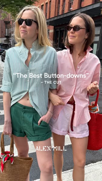 This ad features two women wearing button-down shirts and shorts from Alex Mill with a quote endorsement about the butto