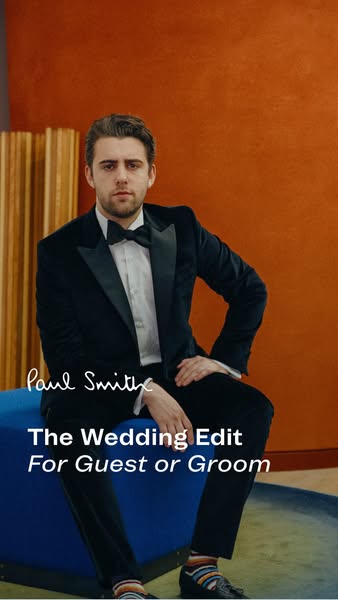 This image ad features a male model wearing a formal tuxedo from Paul Smith's wedding edit, designed for guests or t