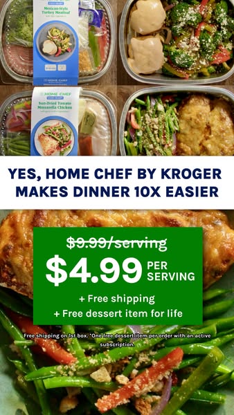 This is a flatlay style advertisement for Home Chef by Kroger meal kits. It highlights the ease of use of the service an