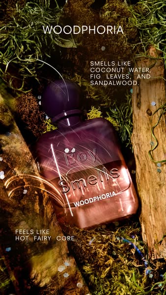 This ad showcases Boy Smells' WOODPHORIA fragrance, emphasizing its unique blend of scents and the feeling it evokes