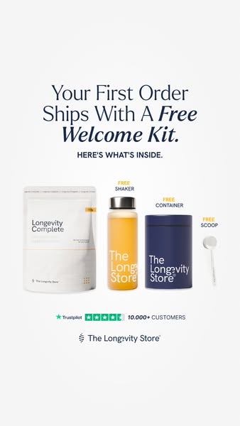 This ad promotes The Longevity Store by showcasing their first order welcome kit.