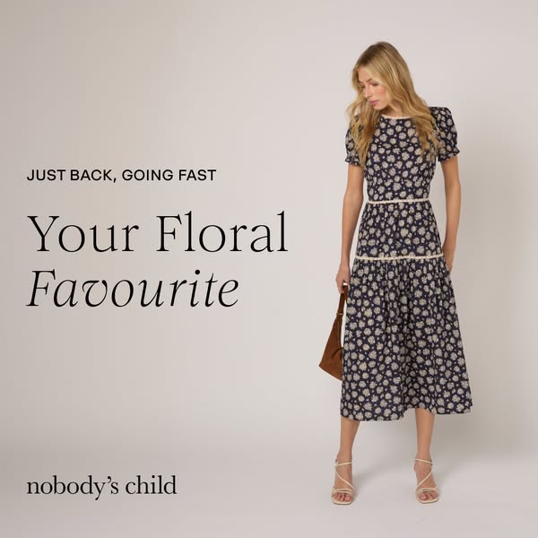 The ad shows a woman modeling a floral print midi dress and is meant to convey the limited availability of the featured 
