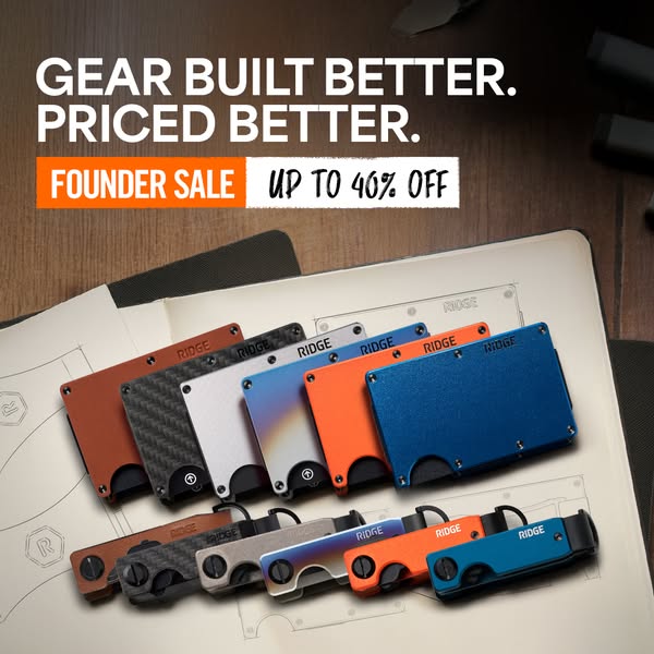 This image ad for Ridge advertises their wallets with a founder's sale of up to 40% off. The ad features an arrangem