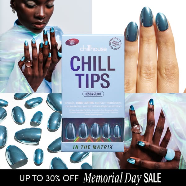 An ad for Chillhouse nail art manicures, promoting a Memorial Day sale with up to 30% off. The ad features a collage of 