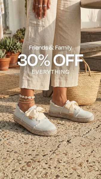 Image ad for a Friends & Family 30% off everything sale.  The ad features a model wearing espadrille shoes with a st