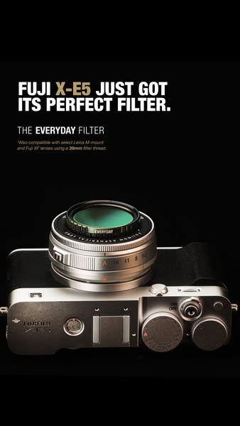 This ad showcases a camera filter by highlighting that it is now compatible with the Fuji X-E5 camera.