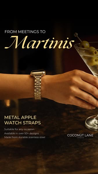An ad promoting metal Apple Watch straps from Coconut Lane, the ad showcases a woman wearing the metal Apple watch strap