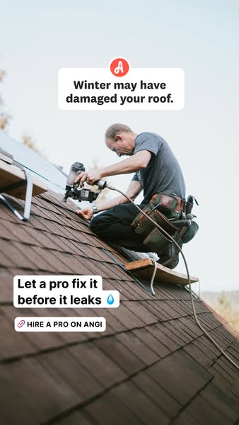An advertisement from Angi directs the viewer to hire a professional through their services to fix roof damage caused by