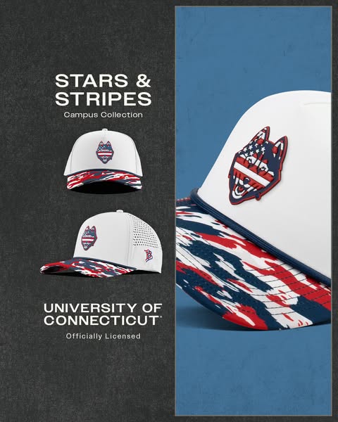 The ad showcases two white baseball caps with patriotic designs, specifically for the University of Connecticut. The cap