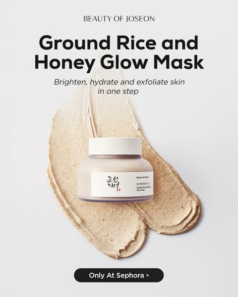 This ad for Beauty of Joseon's Ground Rice and Honey Glow Mask features a jar of the product on a white background w