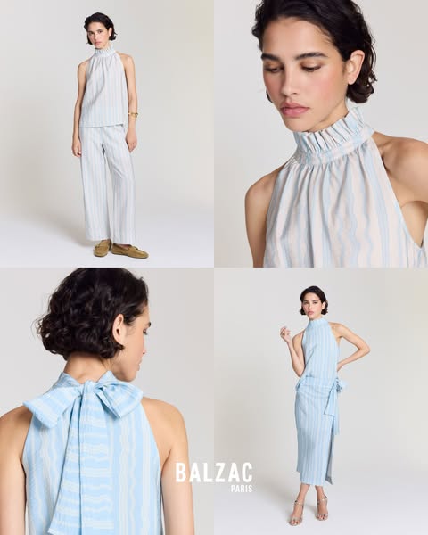This ad features a grid of four product shots showcasing a halter top and matching skirt or pants from Balzac Paris. The