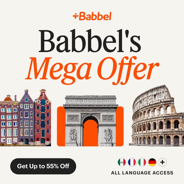 The ad promotes Babbel's offer for language learning through access to all languages. The visual features European l