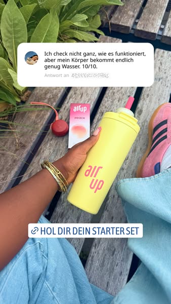 The ad features a woman outside on a bench holding an air up water bottle and pods. The ad uses a testimonial bubble tha