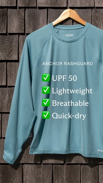 The ad features a turquoise-colored long-sleeved shirt on a hanger, highlighting its UPF 50, lightweight, breathable, an