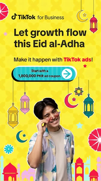 This image ad for TikTok for Business offers new users a 1,800,000 PKR ad coupon to encourage them to advertise on the p