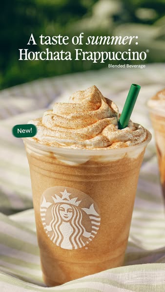 This image ad features a close-up shot of the new Horchata Frappuccino from Starbucks, emphasizing its taste of summer a