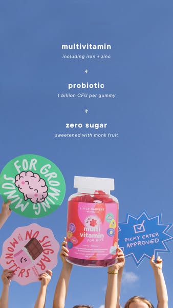 This image promotes Little Harvest multivitamin gummies for kids, emphasizing their zero-sugar content and inclusion of 