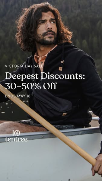 This ad for tentree promotes a Victoria Day sale offering discounts of 30-50% off, ending May 18th.