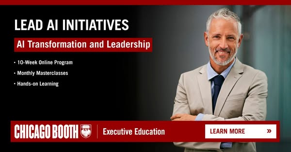 The ad promotes an AI Transformation and Leadership program at Chicago Booth Executive Education. It features the progra