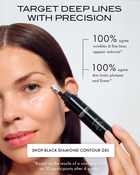 This ad for 111SKIN promotes their Black Diamond Contour Gel as a targeted solution for deep lines and wrinkles, highlig