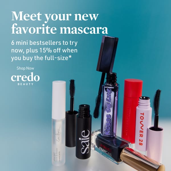 Image ad showcasing six mini mascaras from different brands sold at Credo Beauty, with an offer for 15% off when you buy