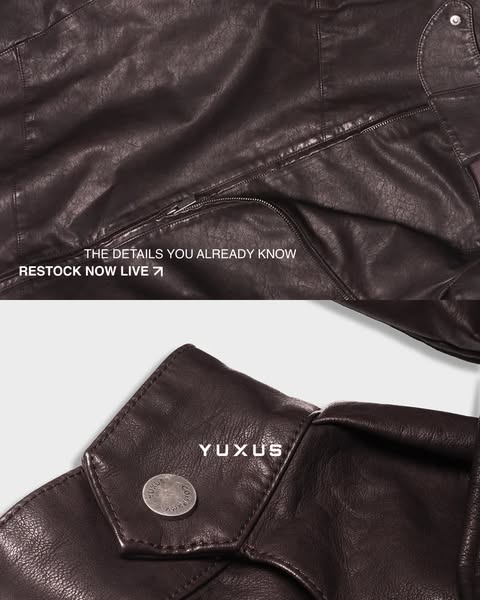 This ad for Yuxus shows a close-up of a brown leather jacket and announces the restock.