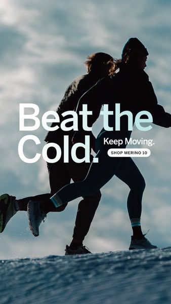This image ad showcases two individuals running outdoors in cold weather while wearing apparel from Merino 10. The ad em