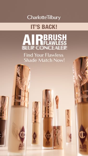 This ad showcases Charlotte Tilbury's Airbrush Flawless Blur Concealer, emphasizing its return and promoting the sea