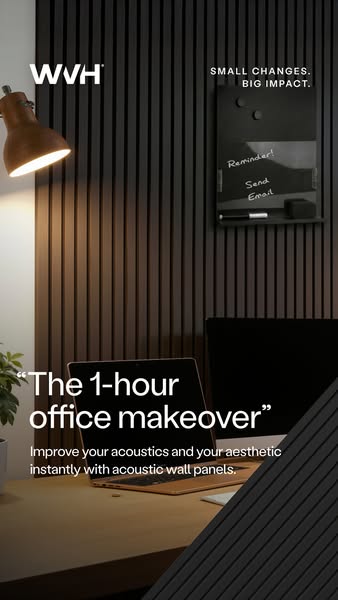 This ad promotes acoustic wall panels that improve acoustics and aesthetics with an easy 1-hour office makeover.