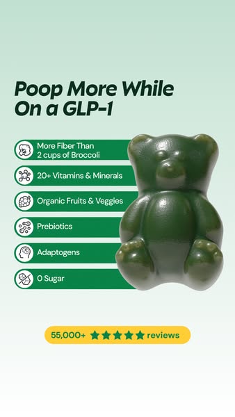 This ad promotes a gummy supplement that helps with bowel movements while taking GLP-1 medications. It highlights the gu