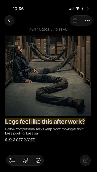 The ad features a man whose legs are portrayed as tubes, lying in an aisle of a warehouse. The ad is promoting compressi