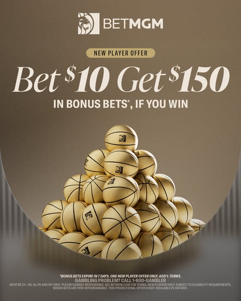 This ad from BetMGM promotes a new player offer where a user can bet $10 and get $150 in bonus bets if they win.