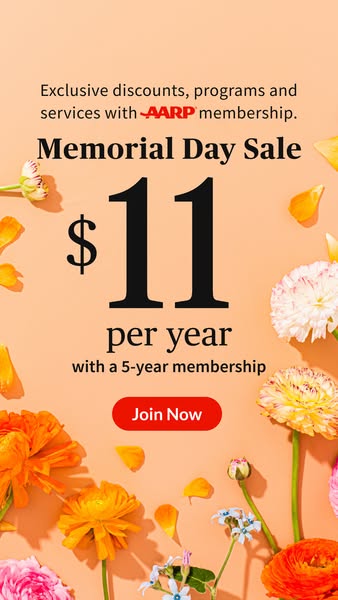 This image ad promotes an AARP membership for \$11 per year with a five-year membership. The ad features a peach backgro