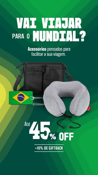 This ad showcases travel accessories such as a travel bag, neck pillow, and luggage tag with the Brazil flag on it. It o