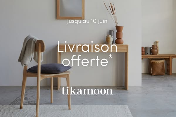 This ad for Tikamoon promotes free delivery until June 10th. The ad features a light and airy room setting with various 