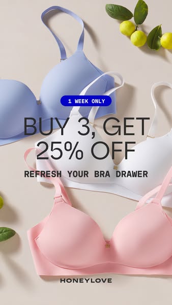 This image ad for Honeylove features three bras in different colors with a limited-time offer to buy three and get 25% o
