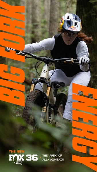 This ad for FOX 36 mountain bike forks showcases the product in use by a mountain biker in a forest. The ad uses stylize