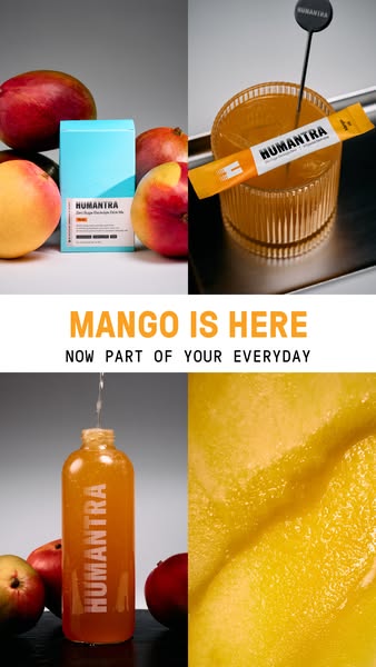 A vibrant and informative ad for Humanitra's mango electrolyte drink mix, presented in a four-panel grid that highli