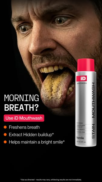 This ad identifies the problem of morning breath and offers iD Mouthwash as a solution. The ad features a close-up of a 