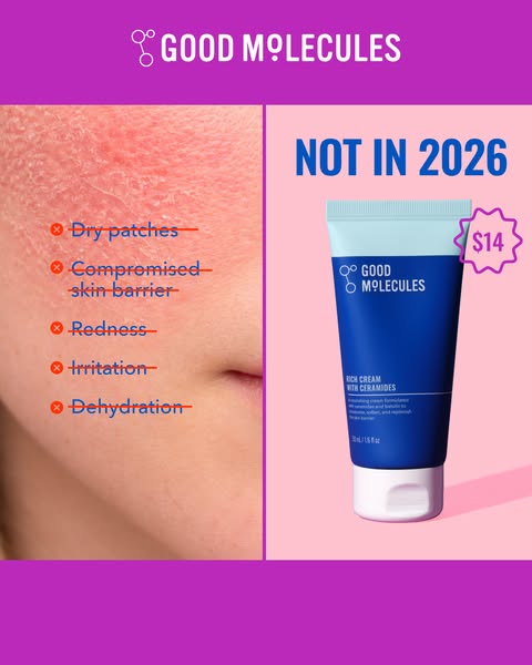 This ad highlights the Good Molecules Rich Cream with Ceramides as a solution for dry, irritated skin. The ad features a