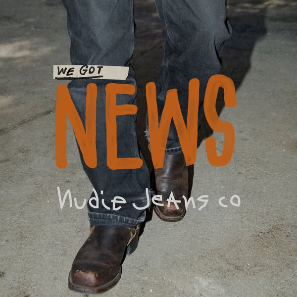 This ad showcases the Nudie Jeans brand, highlighting a pair of their jeans through a straightforward, ground-level shot