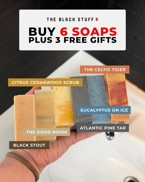 This ad features a hand holding six bars of soap, each a different color and scent. The ad promotes a deal to buy six so
