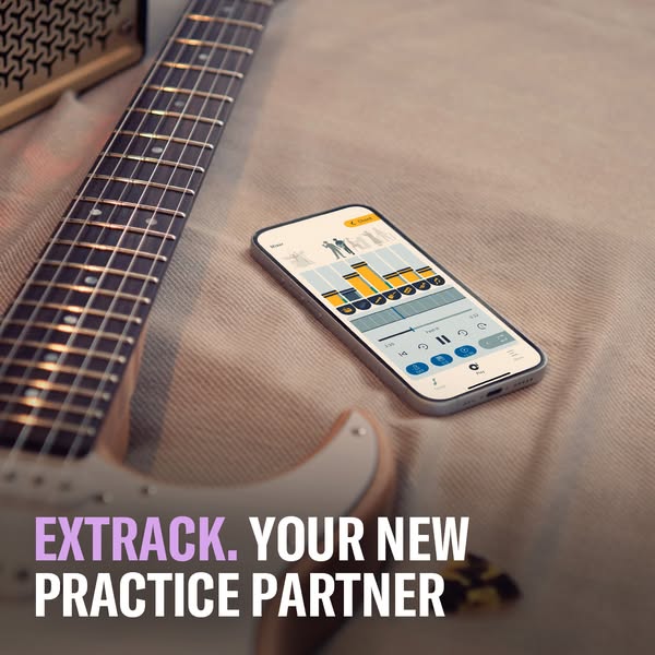 This ad is promoting the EXTRACK app, an audio extraction tool, and positions it as a practice partner for musicians. Th