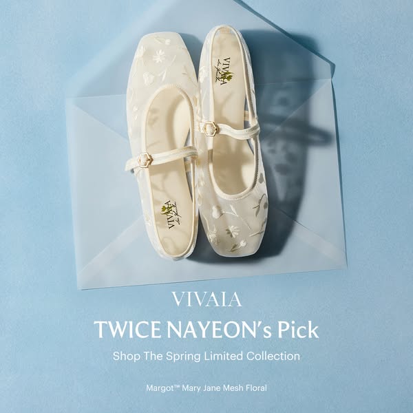 This ad features a pair of VIVAIA Margot Mary Jane Mesh Floral shoes, endorsed by TWICE's Nayeon. The ad aims to pro
