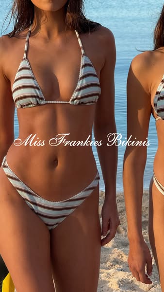 An image ad showcasing a striped bikini from Miss Frankies Bikinis. The image features two models wearing the swimwear o